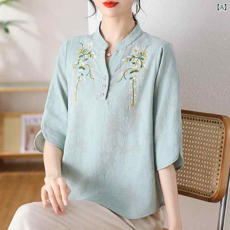 お母さん 夏 ドレス 綿麻 半袖 レディース 洋風 Tシャツ スーツ ゆったり カジュアル 刺・墸 花柄 薄手 トップス