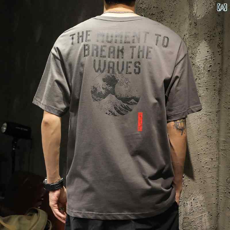 シャツ Tシャツ メンズ アメリカン ヘビーウェイト 半袖 夏 ウェーブ プリントコットン ストリート ゆったり 大きいサイズ 五分袖