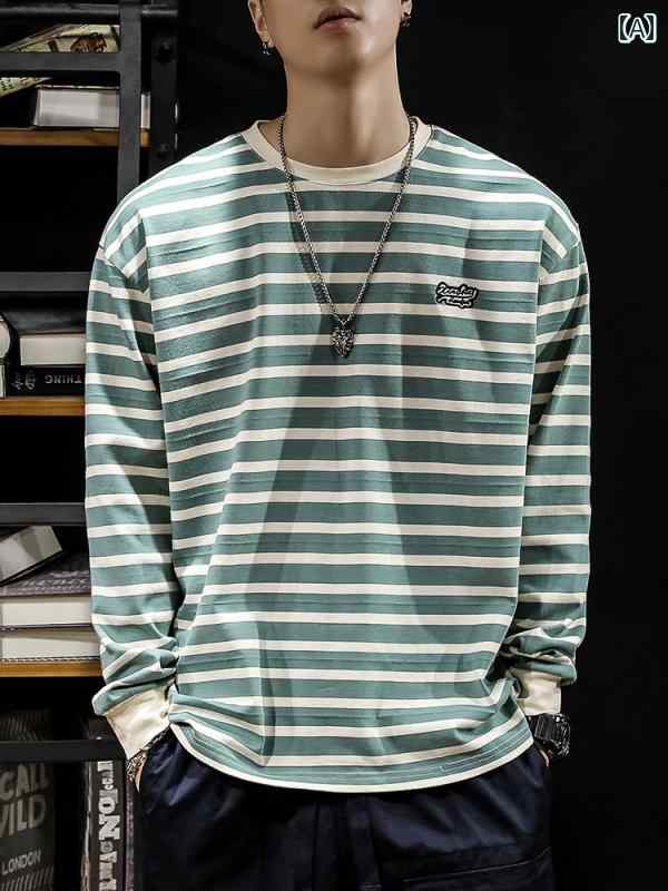メンズ トップス 厚手 綿 ストライプ 長袖 Tシャツ 秋冬 ゆったり 大きめサイズ しわ防止 ベーシック