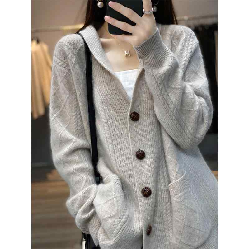 トップス ジャケット レディース セーター カジュアル 女性用 カーディガン ゆったり 厚手 ダブル ポケット セーター ボタン ツイスト ウール セーター 組み合わせた｜セキュアデポ