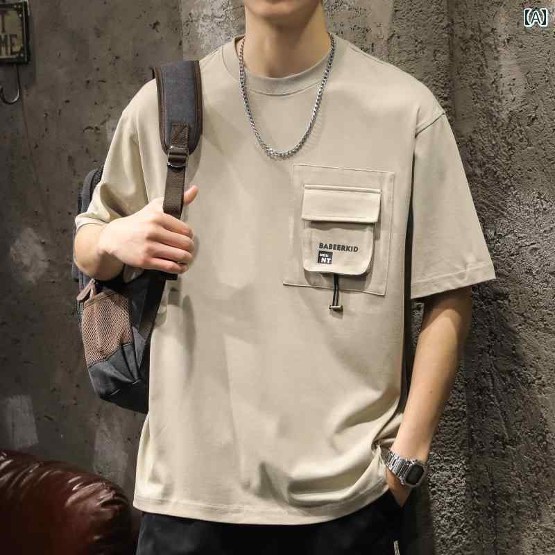 トップス シャツ Tシャツ メンズ カジュアル ストリート ゆったり 半袖 夏 ポケット プリント ラウンドネック 綿