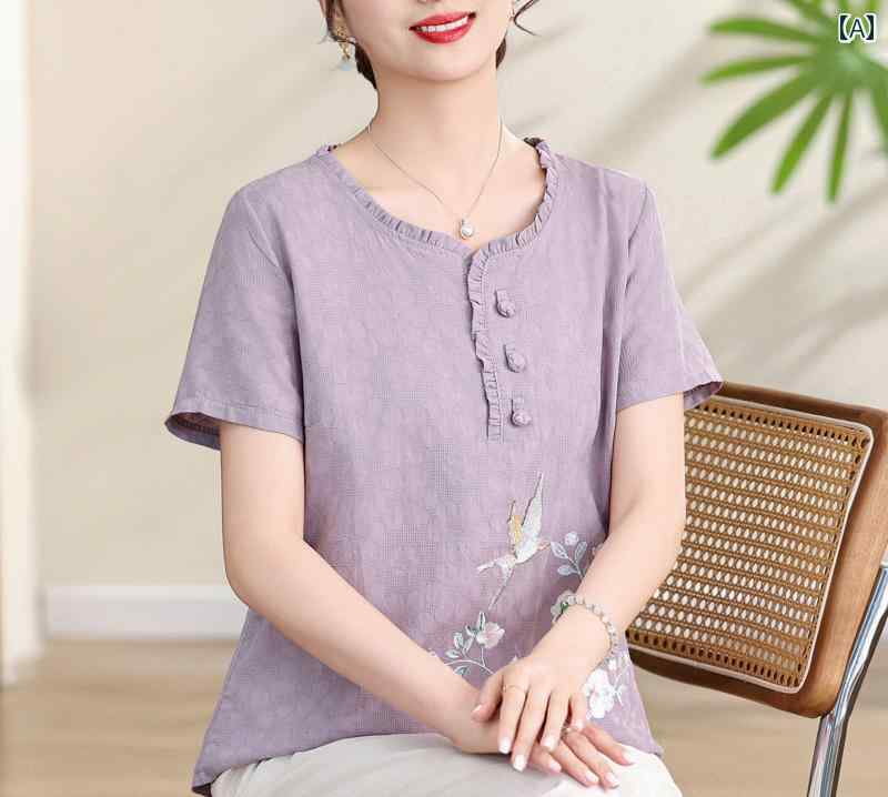 ママ 夏服 トップス 綿 パンツ 半袖 Tシャツ レディース セットアップ シンプル カーディガン 薄手 ラウンドネック 花柄 ゆったり