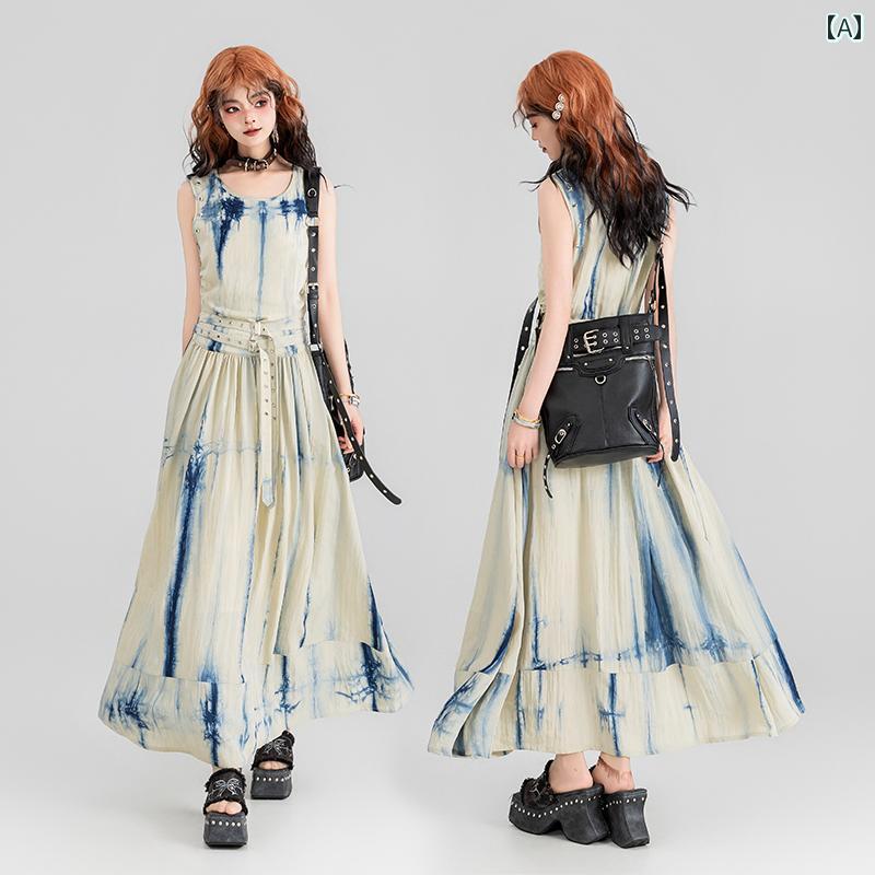 女の子 ファッション ストレート タイダイ ノースリーブ ドレス 秋 フレンチ アーティスティック ロング スカート レディース ファッション｜セキュアデポ