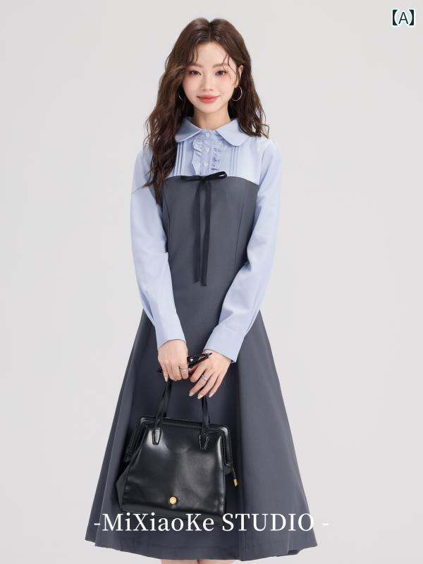 ワンピース フレンチ レトロ フェイクセットアップ 秋 カレッジ シック スカート 森ガール 重ね着風 ハイウエスト レディース ファッション Aライン プルオーバー カジュアル