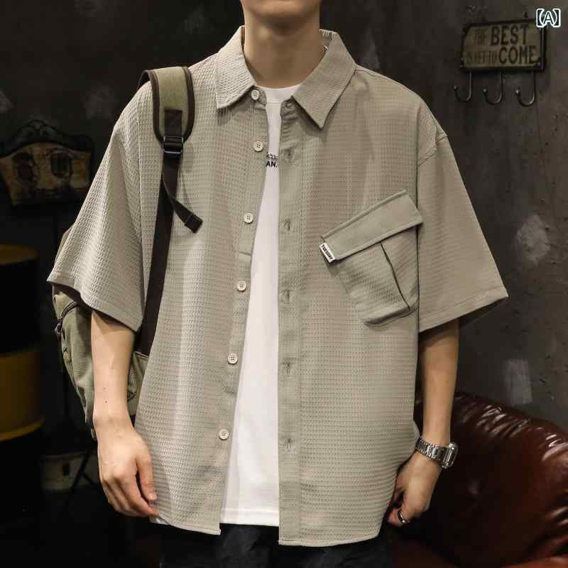 メンズ カジュアル 夏 シャツ トップス ワッフル 冷感 半袖 アメリカン