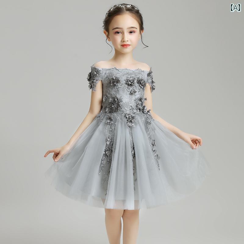 女の子 プリンセス ドレス チュチュ キッズ フラワーガール ウェディングドレス ホスト ワンショルダー ウェディングドレス パフォーマンス 衣装 ショートドレス ガール