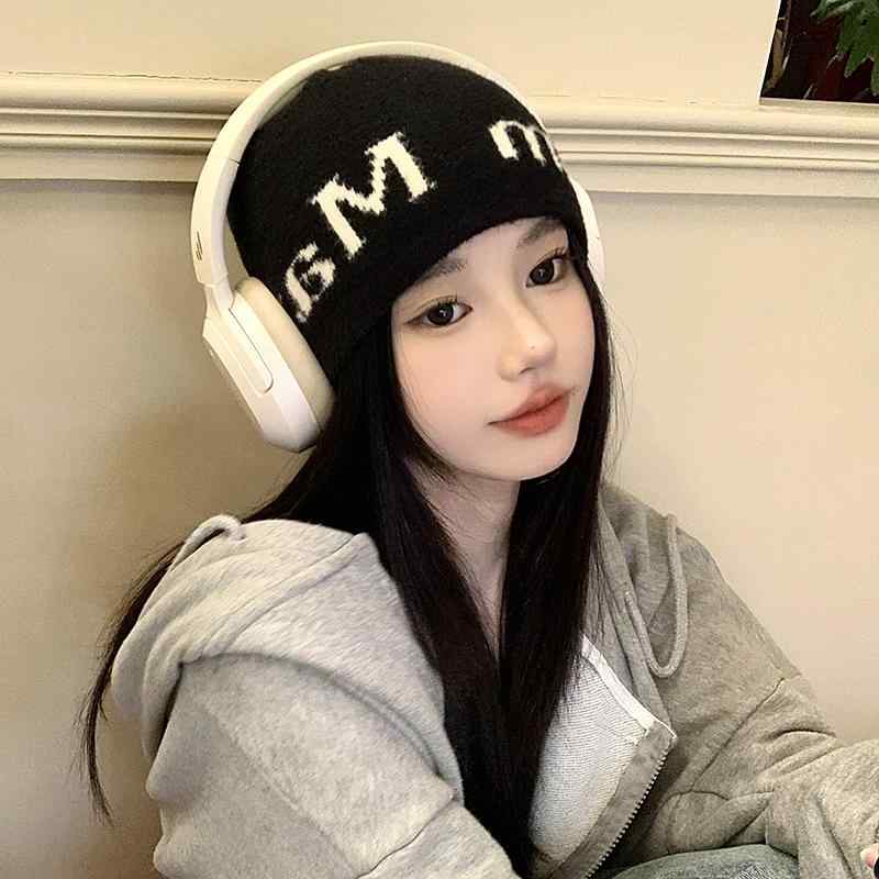 帽子 クールハット 韓国 秋冬 レディース 黒 ニット帽子 暖かい ウール帽子 英字 カッコいい
