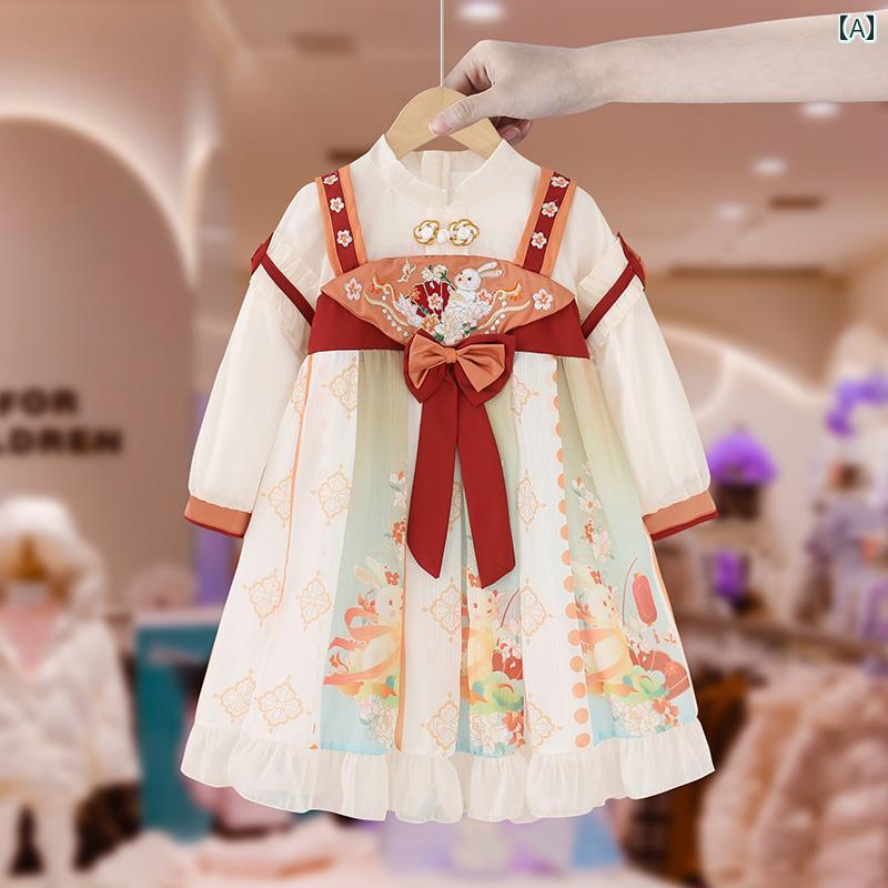 ドレス キッズ ウェア 女の子 春 新 韓服 王女 中華 春服 レトロ 衣装 刺繍 ベビー ランタン ウサギ