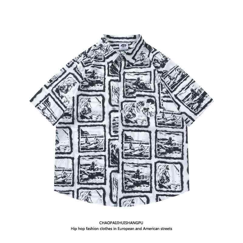 メンズ レディース 総柄シャツ 夏 オーバー サイズ 白黒 イラスト プリント 半袖 シャツ メンズ レディース兼 カップル ビーチ シャツ