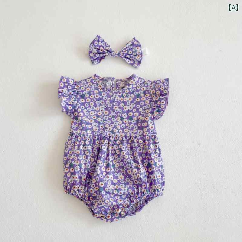 ベビー ロンパース 新生児 赤ちゃん 服 ジャンプスーツ 女の子 コットン カバーオール 夏 花柄 ワンピース 半袖 綿 ヘアバンド