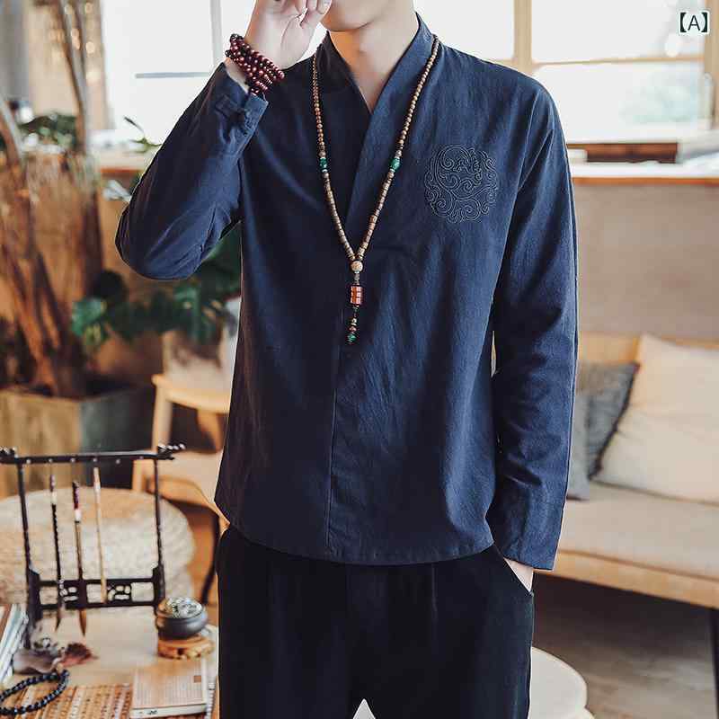 メンズ ファッション チャイナ風 Vネック 漢服 トップス 春 リネン 長袖 Tシャツ カジュアル レトロ 唐 秋