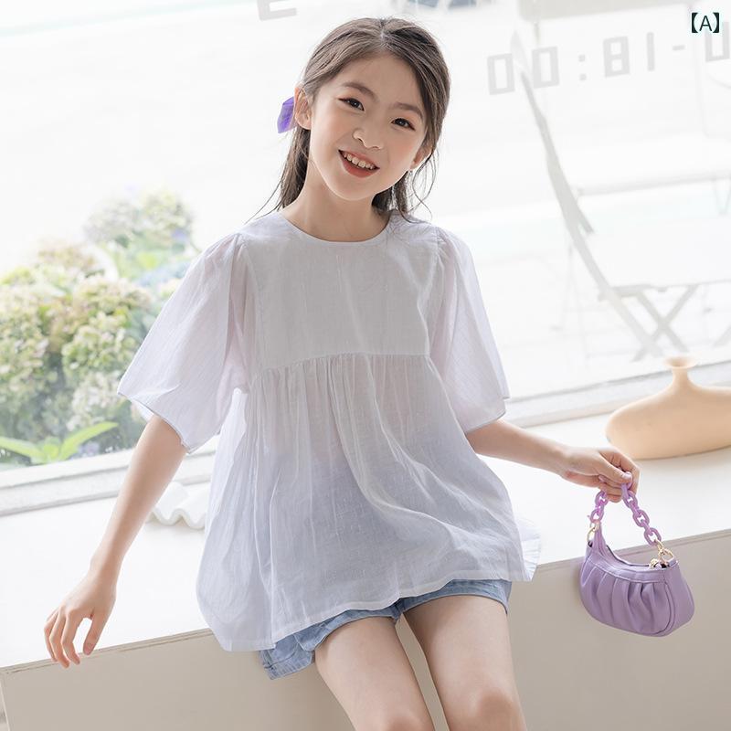 トップス シャツ 女の子 ガールズ 薄手 夏 韓国 中 大型 子供服 半袖 五分袖 Tシャツ 洋風 プルオーバー