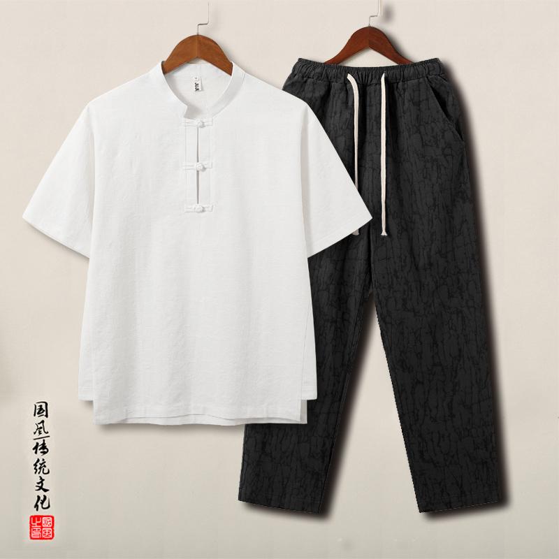 中華風 セット アップ ファッション トップス カットソー シャツ スーツ セット ロング パンツ ズボン レトロ チャイナ風 唐装 メンズ 漢服 カジュアル 半袖 夏 メンズ