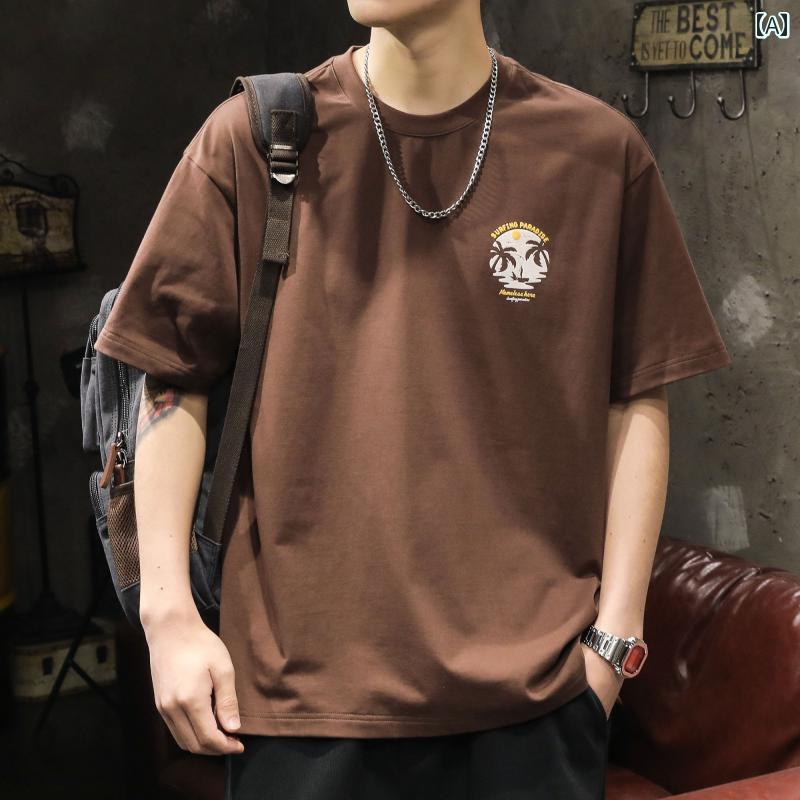 メンズ 夏 カジュアル T シャツ 大学生 半袖 薄手 綿 ドロップ ショルダー スリーブ プリント アメリカン ストリート ゆったり トップス 通気性 服
