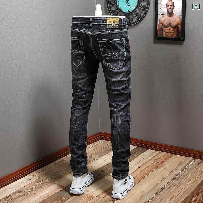 デニムパンツ アメリカ 黒 グレー メンズ ジーンズ ストレッチ性 スリム フィット デニム ロング パンツ 穴 都会 オールシーズン レジャー 洗い ダメージ加工 ストレート