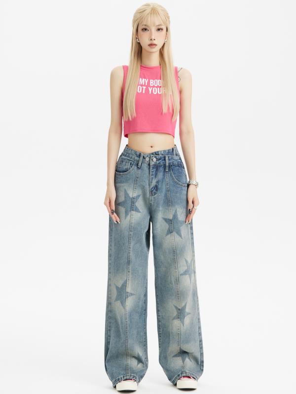 デニム パンツ レディース シック 韓国 アメリカン レトロ ウォッシュ加工 スター ジーンズ レディース ワイドレッグ パンツ ハイウエスト ブルー オールシーズン カジュアル スタイリッシュ