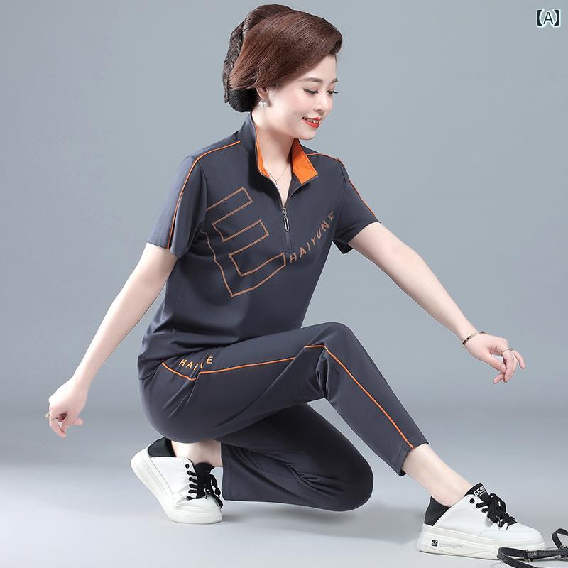 お母さん スポーツウェア セットアップ 夏 半袖 Tシャツ スタンドカラー ジッパー レディース レディース ロングパンツ ライン 上下 2点セット おしゃれ 大きめサイズ 通気性