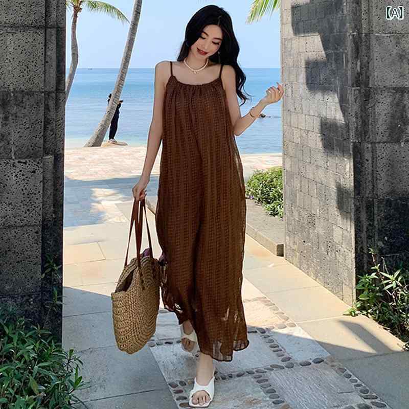 レディース 夏 サマー ドレス リゾート ワンピース 優雅 可憐 海辺 旅行 写真 服 スリム レトロ チェック柄 サスペンダー スカート 休暇 スーパー フェアリー