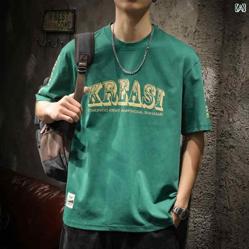 トップス シャツ Tシャツ メンズ アメリカン ストリート カジュアル ゆったり ヘビーウェイト 半袖 夏用 ハイエンド グラス グリーン プリントコットン 半袖