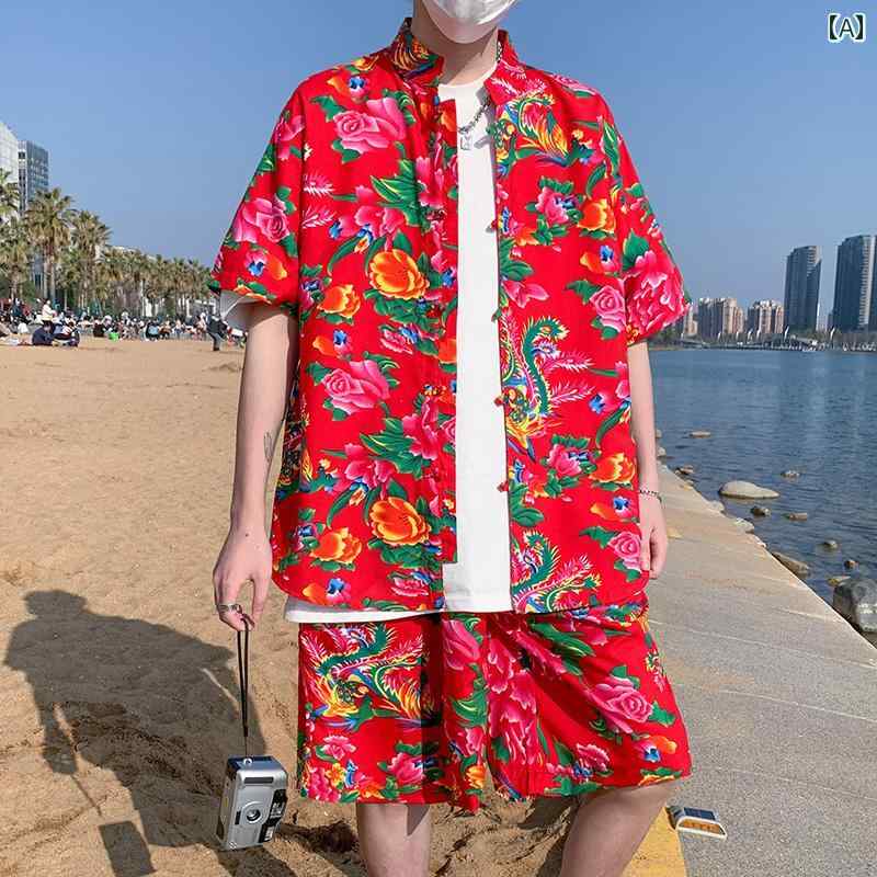 メンズ カジュアル 夏 カンフー服 ウェア 太極拳 スーツ 中華風 牡丹 花 東北 地方 プレート ボタン 唐 半袖 シャツ 花柄 ドレス ショーツ