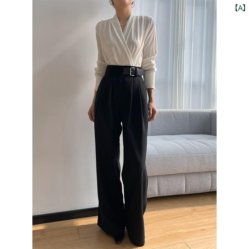 レディース パンツ ボトムス 黒 韓国 ハイウエスト ドレープ 春秋冬 ストレート ワイドレッグ カジュアル ハイウエスト シック モード スタイリッシュ エレガント オールシーズン 黒 |セキュアデポ
