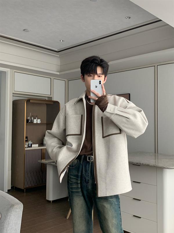 シャツ メンズ 秋 冬 ウール かっこいい キルティング ボーイズ ライト ハイエンド 韓国 コントラスト トップス