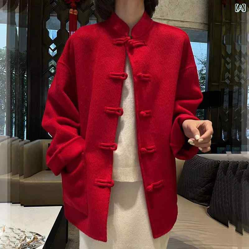 レディース ファッション 冬 中国 正月 唐装 女性 中華風 ボタン トップス ウール コート ジャケット 赤