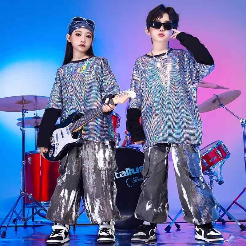子供 パフォーマンス ステージ衣装 スパンコール キラキラ トップス フェイクセットアップ パンツ ド演奏 女の子 ボーイズ ファッション ヒップホップ ストリート セットアップ