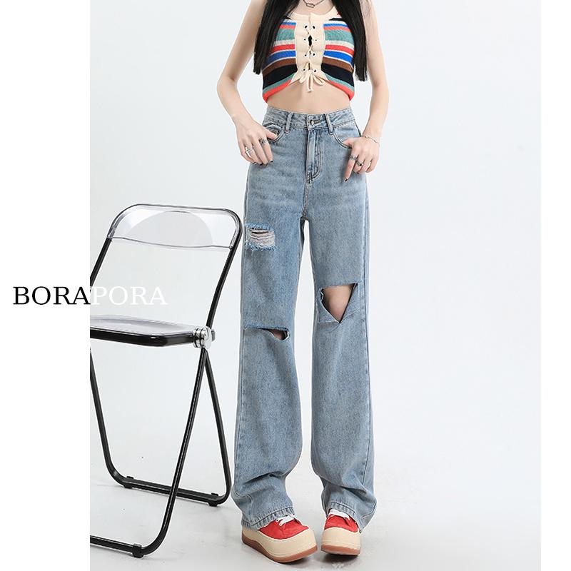パンツ デニム レディース ワイド レッグ リップド ジーンズ 夏 薄手 ハイウエスト ストレート レッグ スリミング フロア レングス 小柄