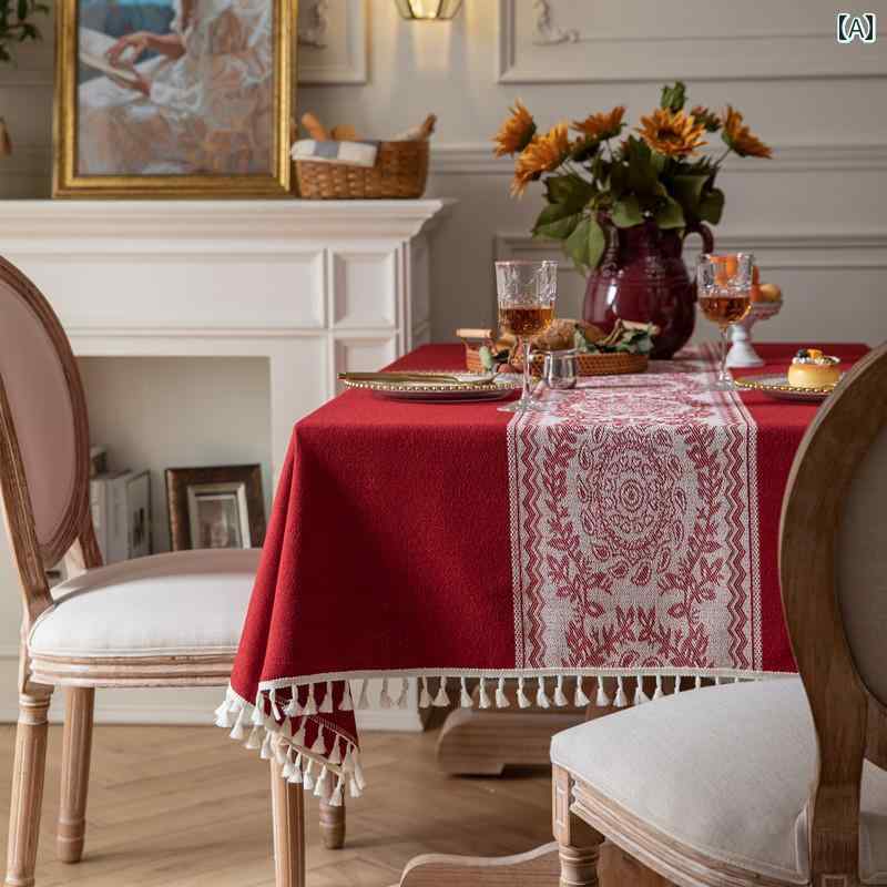 タッセル テーブル クロス おしゃれ ダストカバー アメリカ 赤 結婚式 ポリエステル ジャカード レトロ フラワー コーヒー カバー
