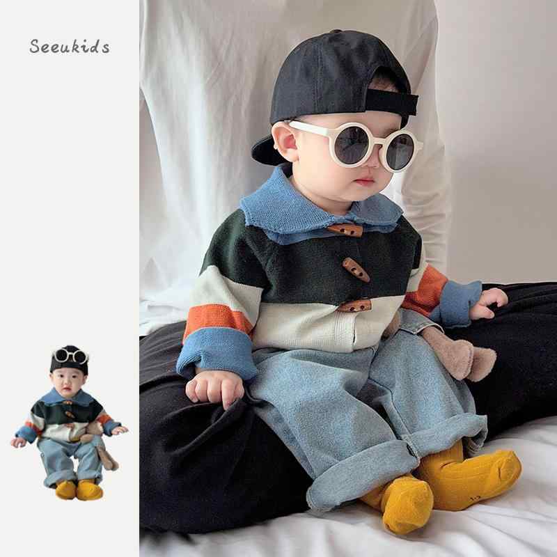 カーディガン パンツ ズボン トップス 赤ちゃん品 ベビー キッズ 子供 おしゃれ ファッション 春 韓国 レトロ コントラストカラー セーター 人形 クマ ジーンズ