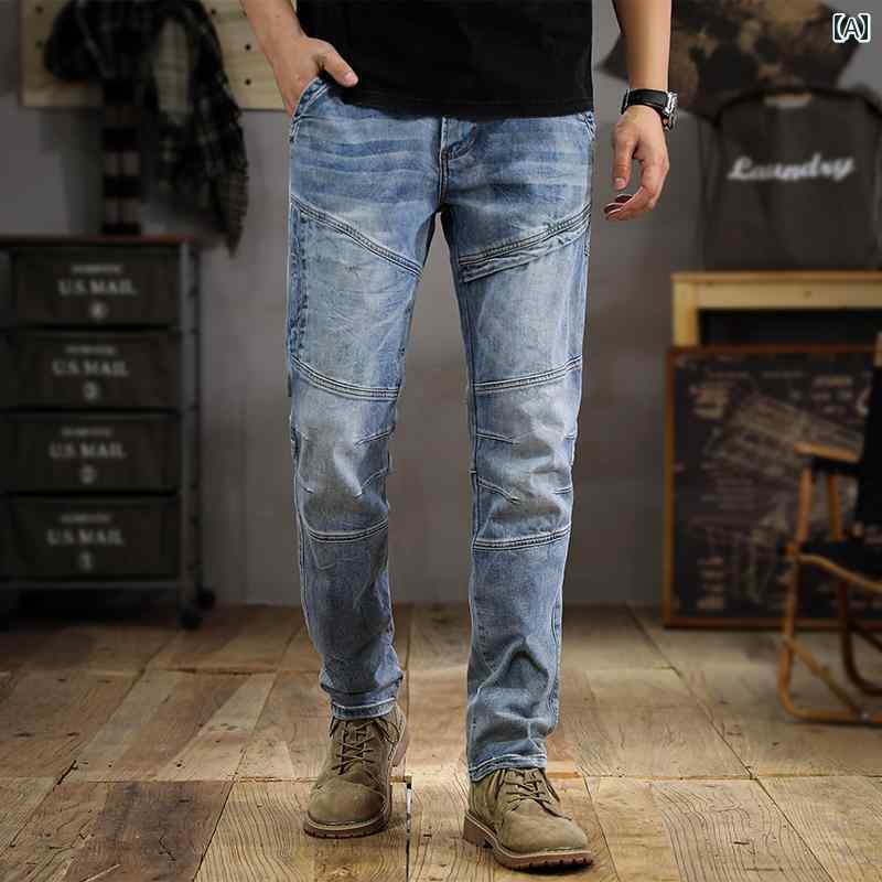 メンズ パンツ デニム 春秋 スリムフィット クロップド ストレート ジーンズ アメリカン レトロ ウォッシュ スプライシング ワーク｜セキュアデポ