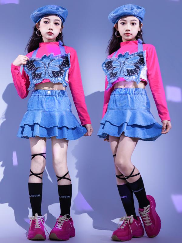 キッズ ジュニア セットアップ ファッション ジャズ ダンス ガール セット 女の子 衣装 デニム クール かわいい ヒップホップ かっこいい 子供 パフォーマンス 衣装 ストリート ステージ