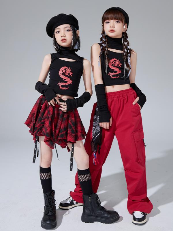 子供服 女の子 Tシャツ タンクトップ へそ出し パンツ ミニスカート チェック コスチューム バンド ダンス ヒップホップ ストリート系 パフォーマンス 衣装 クール かっこいい キッズ 6,028円