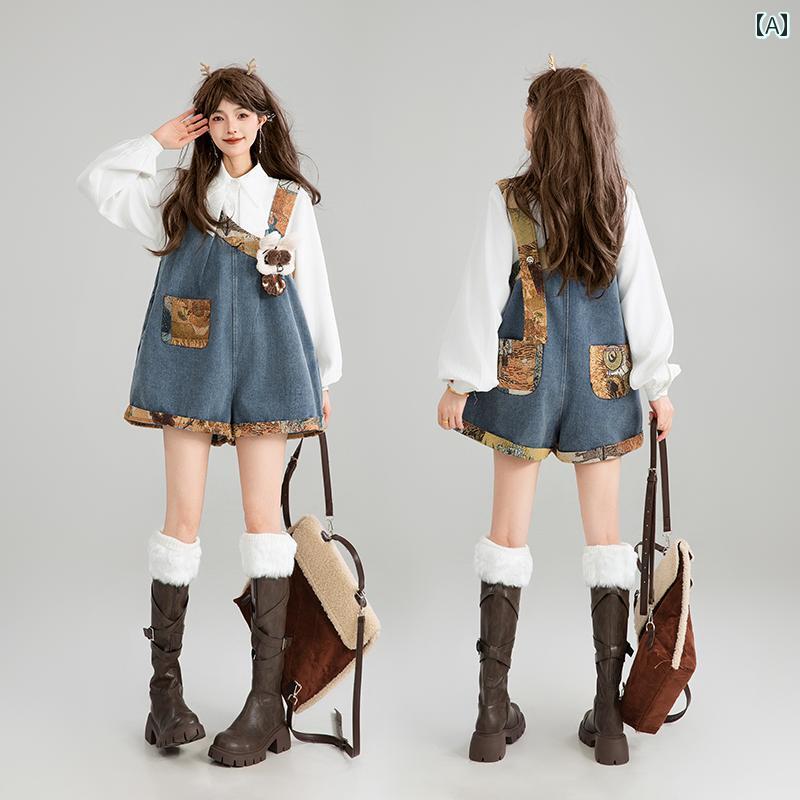 レディース ファッション ガーリー サスペンダー デニム 秋 スリム見え ゆったり ワイドレッグ ショート パンツ ラビット オーバーオール レトロ