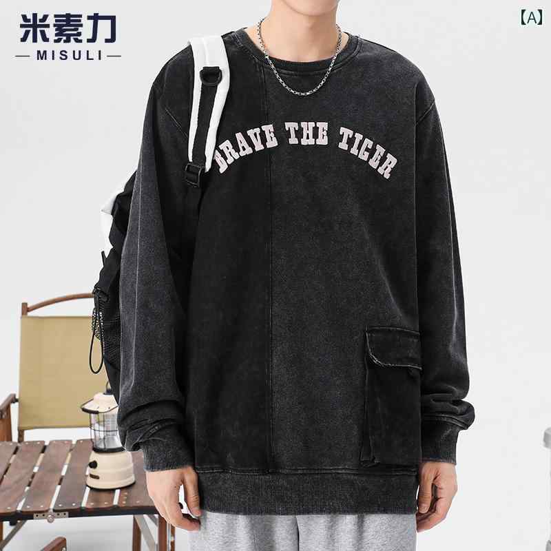 メンズ コットン スノーフレーク ウォッシュ スウェットシャツ アメリカン ストリート レトロ ダメージ加工 ヘビー ラウンドネック トップス 春秋