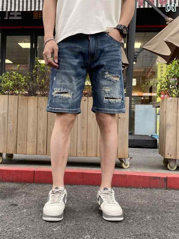 メンズ 夏 ズボン下 ジーンズ 夏時 ボトムス 二分の一 ズボン ジーンズ遊撃手 韓国 表どおり 猫 ひげ 破れた非 伸縮性 五分丈 か細い相応う ミッド