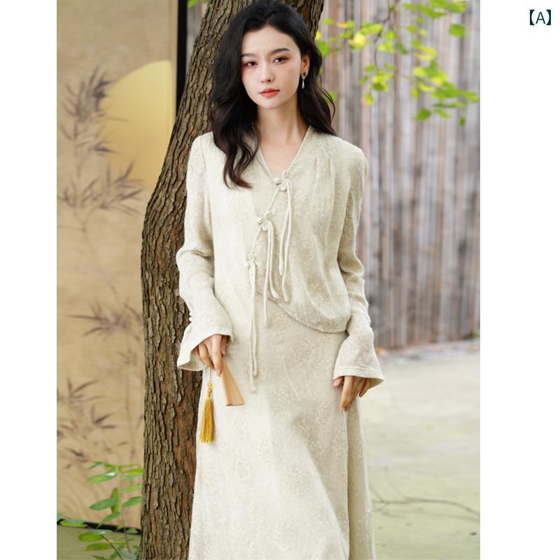 秋冬 瞑想 女性 茶師服 中華風 日常 レトロ 綿 ウール V ネック ドレス｜セキュアデポ