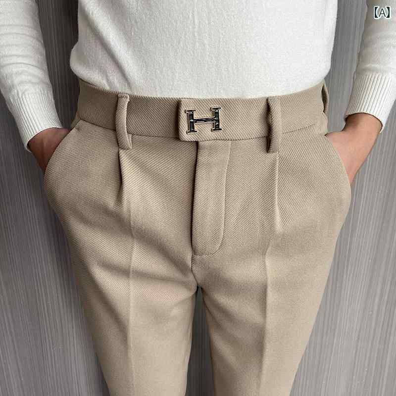 パンツ スラックス メンズ 厚手 カーキ ツイル スリムフィット ウール 伸縮性 ウエスト シングル プリーツ カジュアル スリミング ナイロン