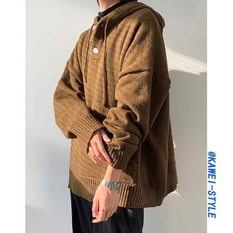 ジャケット 韓国 ストリート オーバー サイズ フード付き ブラウン セーター 男性 女性用 超ゆったり した レトロ ワークウェア セーター