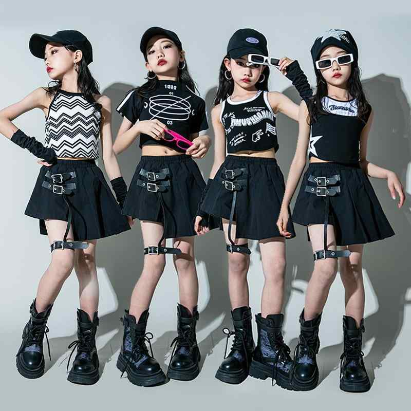 子供服 女の子 Tシャツ へそ出し ミニスカート コスチューム バンド ダンス ヒップホップ ストリート系 パフォーマンス 衣装 クール かっこいい キッズ