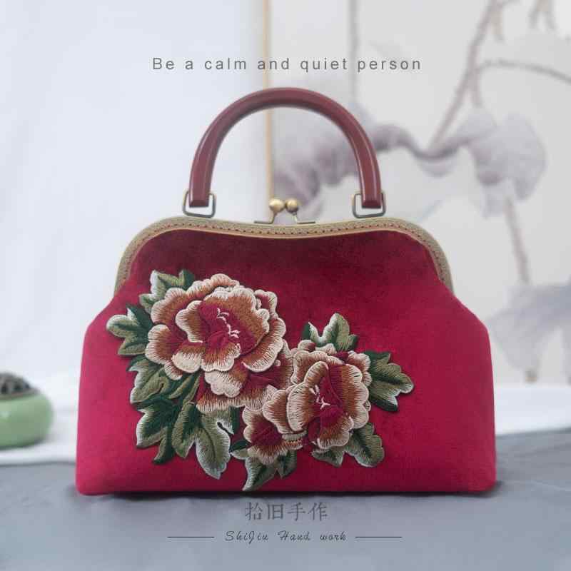 ハンドバッグ レディース 中国 レトロ 起毛 牡丹 花 刺繍 ポータブル チャイナ ドレス バッグ ウェディングパーティー マザーバッグ 長老 ギフト ファッション