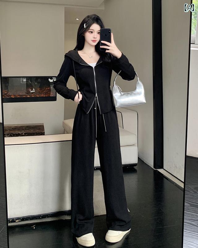 パンツ レディース フード付き ジッパー トレーナー カーディガン ワイド レッグ 2点 セット 大きいサイズ 韓国 カジュアル 着痩せ 隠し 体型カバー｜セキュアデポ