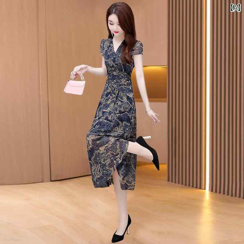 レディース ワンピース シフォン 夏 花柄 フローラル リゾート 軽量 薄手 涼感 魅惑 上品 通勤 エレガント お腹カバー スリム見え スタイリッシュ|セキュアデポ