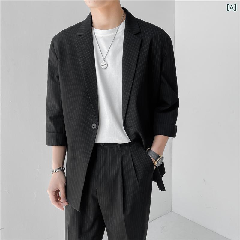 メンズ フォーマル 商行為 今めかしい 成人男性服 軽さ 成年者 七分袖 メンズ心地好い 背広 夏 薄っぺら 韓国 真っただ中捩り 縞模様背広 2点仕掛ける