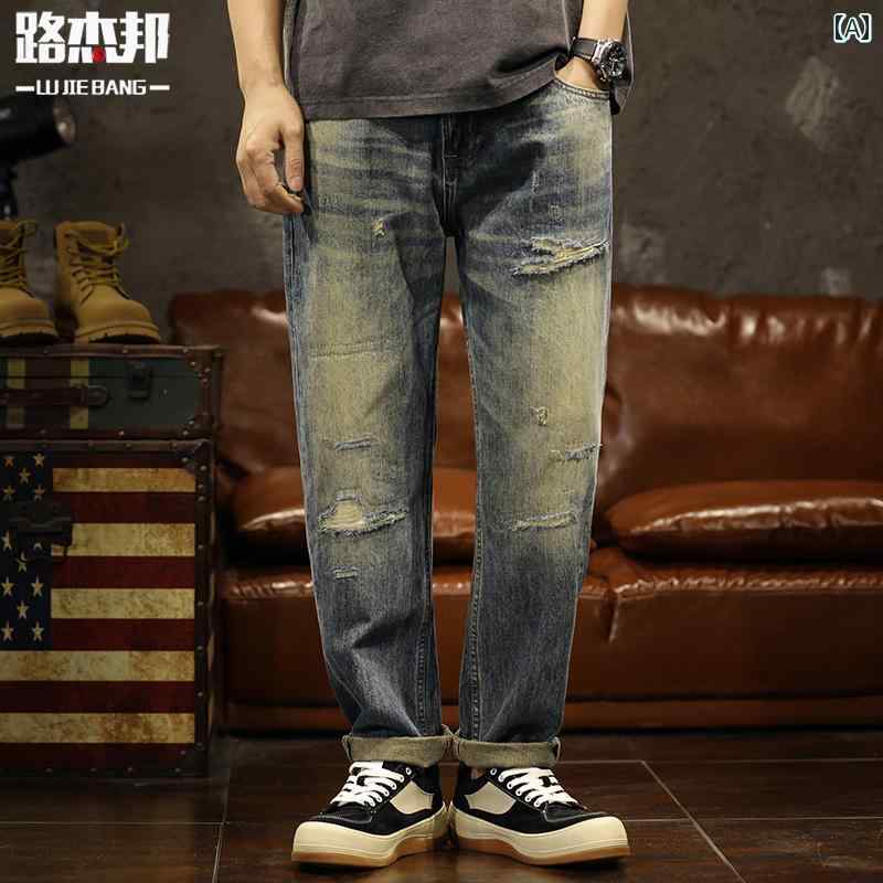デニムパンツ アメリカン レトロ ウォッシュ ブルー デニム パンツ メンズ ファッション ストレート ロング オールシーズン