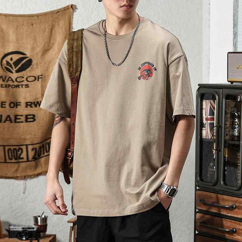 メンズ アメリカン プリント Tシャツ コットン 半袖 夏 ゆったり 大きめサイズ インス ラウンドネック ファッション