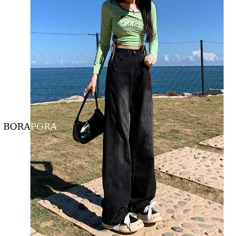 パンツ デニムパンツ レディース スタイリッシュ 女性用 グレー 黒 ワイド レッグ ジーンズ 初秋 ハイウエスト スリム フロア レングス ストレート