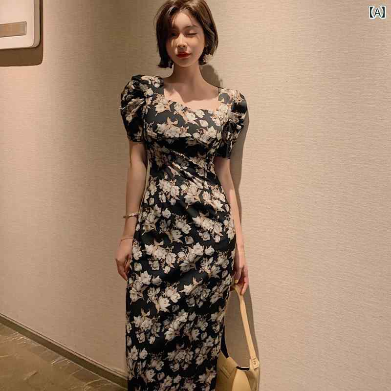 レディース 夏 逢魔が時 御召しもの フレンチ キキョウ 成人女性 花柄 黒いこと 真四角素っ首 か細い 御居処 覆いかぶせる ロング スコート