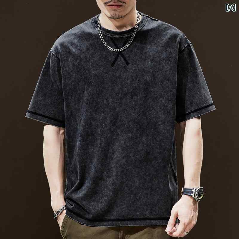 Tシャツ 半袖 夏 メンズ 紳士服 メンズ トップス おしゃれ レトロ ストリート カジュアル ラウンドネック 古着加工